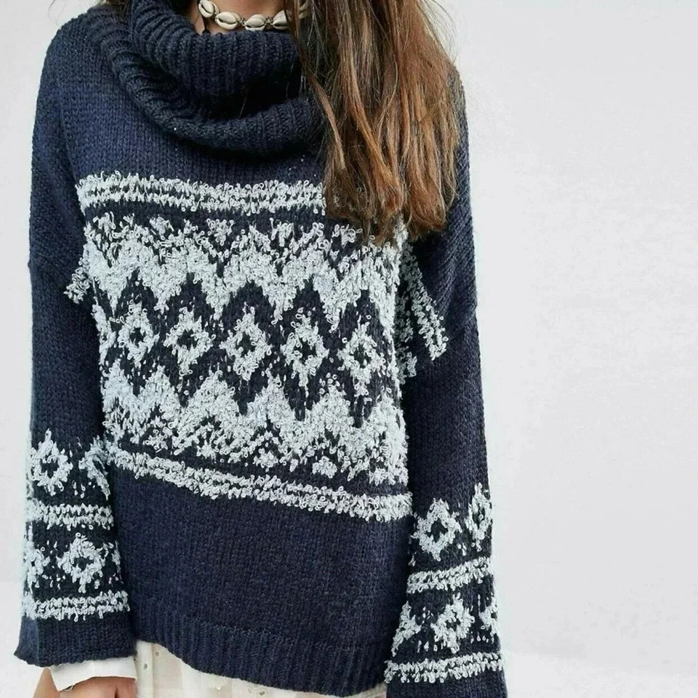 Free People Fairisle Wool Blend Sweater With High Neck Cowl Neck Blue Sz M